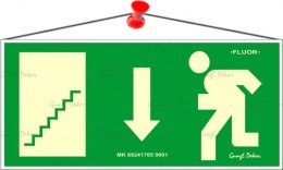 Információs tábla, 25x11,5 cm, fluoreszkáló, utánvilágítós, "Menekülési irány le, lépcső balra"